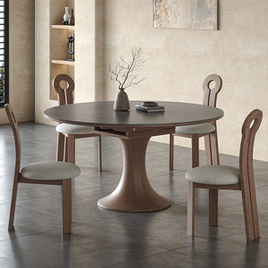 可折叠圆形实木岩板餐桌椅组合家用小户型侘寂风现代简约拉伸桌子