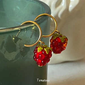 「全店买二赠一」手工琉璃红色树莓可爱水果耳环女法式珍珠饰耳夹
