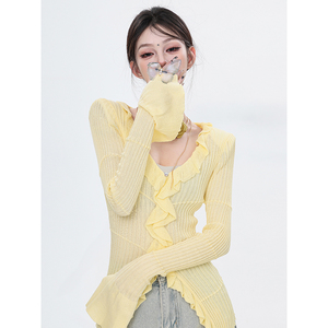 ABWEAR原创春季黄色韩版甜美小众设计木耳边长袖T恤V领收腰针织衫