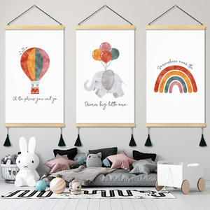 卡通彩虹儿童房装饰画长颈鹿大象童真沙发墙壁画布热气球卧室挂画