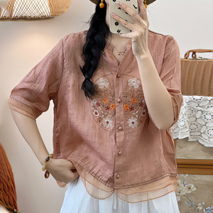 新中式国风苎麻刺绣衬衫女士夏季新款妈妈小衫气质七分袖唐装上衣