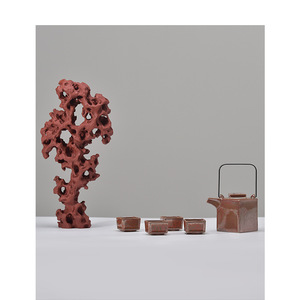 新中式红色陶瓷假山太湖石雕塑摆件茶具组合样板间书房工艺装饰品