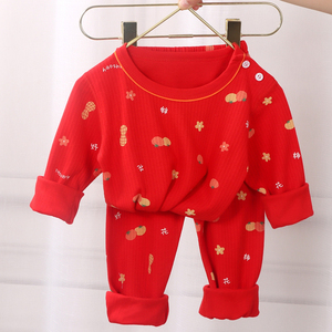 婴儿衣服纯棉保暖大红色无骨秋衣秋裤套装6七8九个月男女宝宝冬装