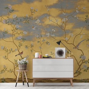 美式田园花卉中式轻奢墙布客厅卧室沙发电视背景墙纸花鸟法式壁画
