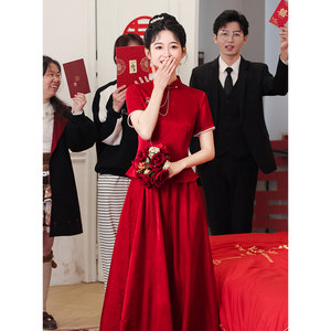 新中式红色旗袍敬酒服新娘出阁宴订婚礼服回门裙平时可穿套装夏天