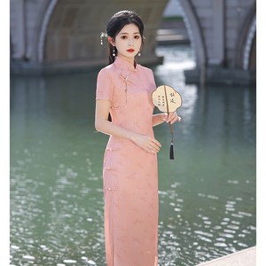 粉色旗袍2024新款改良新中式年轻款少女竹叶民国风日常连衣裙夏季