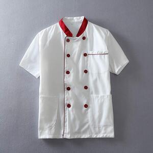 夏天装新款厨师服短袖上衣厨房酒店透气男女工作服白色红领饭店双