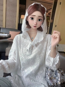 大码韩国女装夏季新款胖mm白色设计感婴儿帽防晒蕾丝花边刺绣衬衫