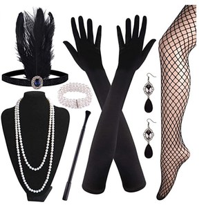 盖茨比1920s单身派对复古羽毛发带套装头饰项链手套烟杆跨境流行