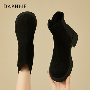 达芙妮女式半筒靴粗跟弹力瘦瘦靴女秋冬季加绒外穿棉靴全黑色靴子