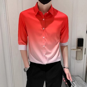 男士个性潮牌发型师男装渐变短袖衬衫夏季社会人网红七分袖衬衣潮