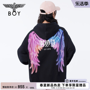 BOYLONDON春夏24新品情侣款长袖老鹰翅膀潮牌连帽套头卫衣N04014