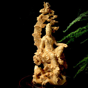 崖柏黄杨木精雕水月自在观音摆件饰品实木佛象镇宅家居供奉