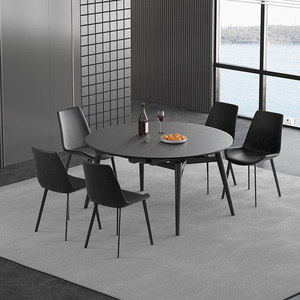 岩板餐桌可伸缩折叠纯黑色现代简约家用小户型方变圆桌子方圆两用