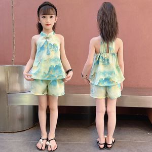 巴拉巴柆女童中国风山水黛套装夏季无袖上衣短裤小女孩雪纺两件夏