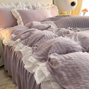 韩式泡泡纱双层花边床裙四件套公主风被套床上用品纯色床单三件套