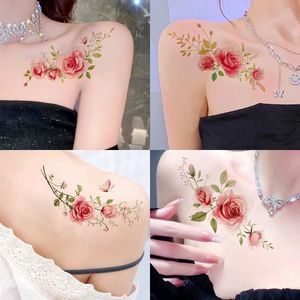 粉红玫瑰花朵纹身贴防水女持久清新樱花性感胸部锁骨身体贴花遮疤