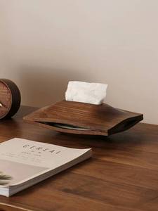 山丘实木桌面纸巾盒客厅家用黑胡桃木抽纸盒高档现代简约整木