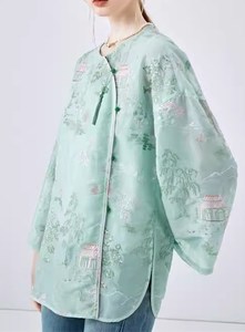 新中式国风圆领上衣2024春夏新款女装绣花刺绣衬衫女士长袖雪纺衫