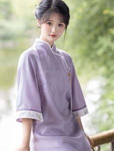 紫色改良旗袍2023年新款春秋禅意茶服连衣裙七分袖女新中式国风裙