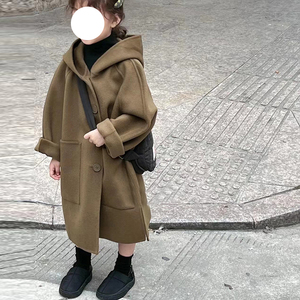女童夹棉连帽呢子大衣中长款24冬季韩国童装儿童韩版洋气加厚外套