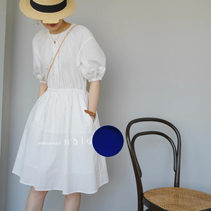 夏季2024年新款 法式高端女神范气质白色收腰A字裙蓝色显瘦连衣裙