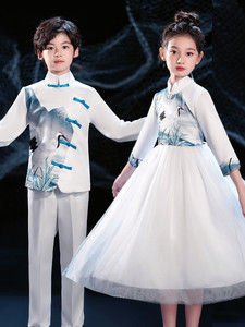 中国风儿童演出服小学生大合唱团表演服古筝女童六一朗诵钢琴礼服
