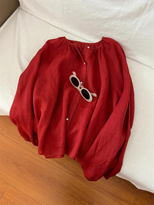 推荐！韩系绝美超洋气红色天丝苎麻衬衫女夏季轻薄高级感防晒上衣