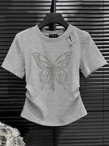 新中式蝴蝶烫钻短袖t恤女装2024年新款夏季盘扣时尚显瘦正肩上衣
