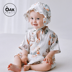 Oak Family新生婴儿衣服短袖薄款初生爬服宝宝夏季百天满月连身衣