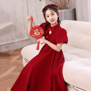 红色礼服女童中式花童婚礼小女孩公主裙冬季儿童主持人钢琴演出服