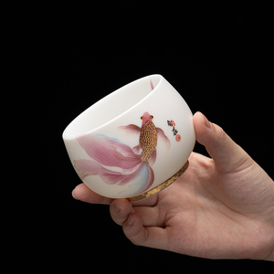 悠然自得锦鲤茶杯个人专用鎏金主人杯手绘陶瓷白瓷羊脂玉功夫茶具