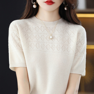 韩版短袖t恤女夏季2024新款圆领羊毛衫半袖薄款镂空短款羊绒上衣