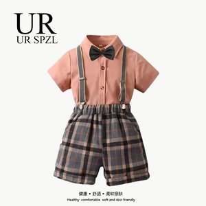UR SPZL男童夏季短袖衬衣格子短裤套装儿童周岁绅士礼服休闲西装