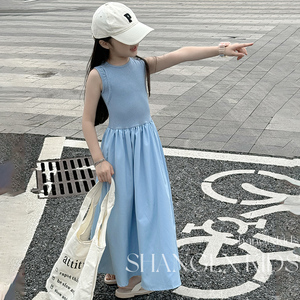 女童裙子夏季2024新款儿童赫本风镂空蓝色连衣裙夏装女孩童装女装