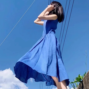 2024新款小个子法式无袖连衣裙子夏季女装海边度假蓝色长裙吊带裙