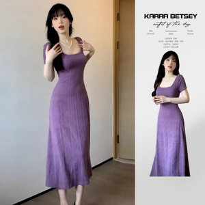 2024新款法式方领紫色连衣裙子夏季女装别致绝美小个子包臀裙长裙