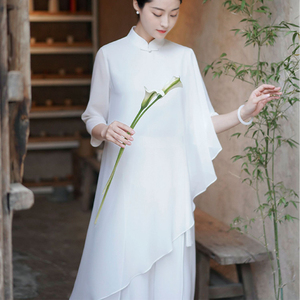 茶服茶艺师仙气白色套装新中式国风禅舞服雪纺上衣佛系禅意女装