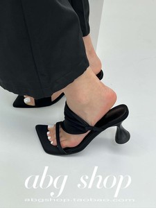 ABG Shop/24ss夏季新款一字带绸缎拖鞋欧美高跟鞋气质粗跟凉鞋女