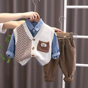 新款男童春装儿童时尚针织毛衣背心套装婴幼儿韩版衬衫马甲三件套