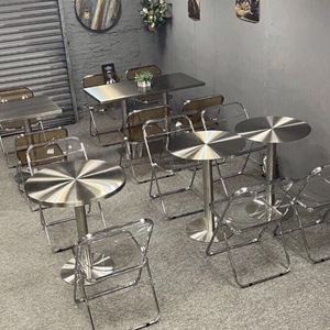 网红工业风奶茶店小方桌咖啡厅餐桌不锈钢厚边方形桌彩色皮革椅子