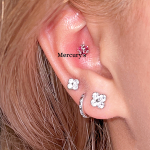 Mercurys镶钻四叶草耳骨钉通体s925银拧螺丝耳窝钉养耳洞幸运耳钉