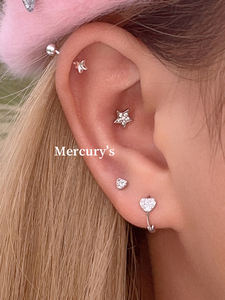 Mercurys 镶钻爱心耳钉两件套银耳饰睡觉免摘耳扣mini爱心耳骨钉