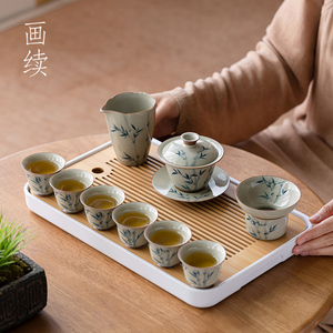 画续草木灰手绘竹子盖碗功夫茶具套装家用客厅喝茶杯带茶盘整套