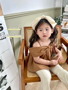 韩系女宝宝清凉童装夏季吊带两件套小童露肩衬衫搭配微喇叭裤套装