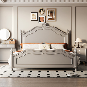 实木床双人床主卧婚床1米8轻奢现代简约莫兰迪灰佛山美式法式家具