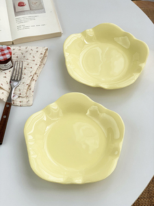 【9.99两个】安木良品 大厂订单 韩国ins风奶黄色花型陶瓷餐菜盘