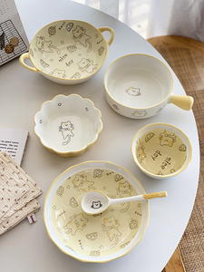 安木良品 大厂订单 可爱ins快乐猫系列釉下彩陶瓷家用盘子汤饭碗
