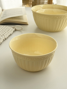 安木良品 出口订单 法式复古奶黄精致浮雕陶瓷汤面大碗点心小饭碗