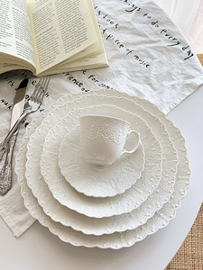安木良品 外贸出口 法式轻奢精致浮雕珠点陶瓷咖啡茶杯碟西餐盘子